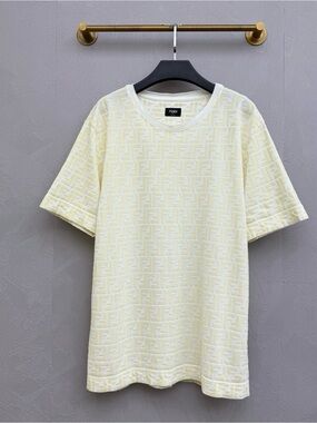Fendi Short Sleeve Logo Jacquard T-Shirt in Pale Yellow